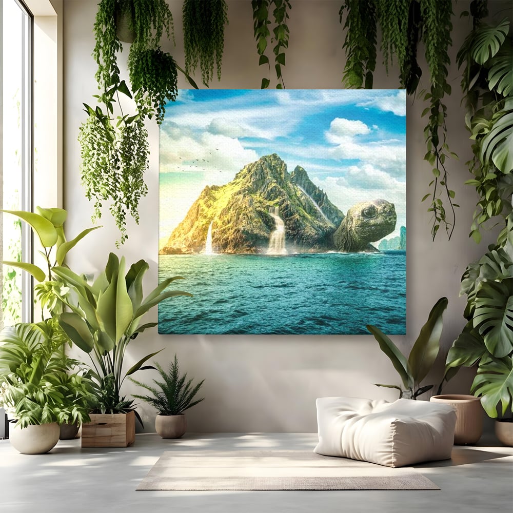 Tablou canvas cu ilustratie digitala cu o insula testoasa, fara rama, pe sasiu de lemn